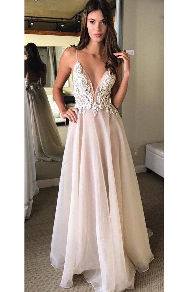 Prom Dresses Uk,a-line V-neck Spaghetti Straps Beads Appliques Organza 