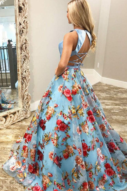 A Line Floral Two Piece Round Neck Sweep Train Blue Organza Prom ...