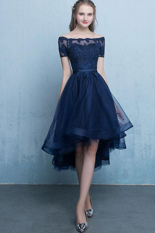  Short  Prom  Dresses  uk Dark  Blue  Lace Tulle High Low Round 