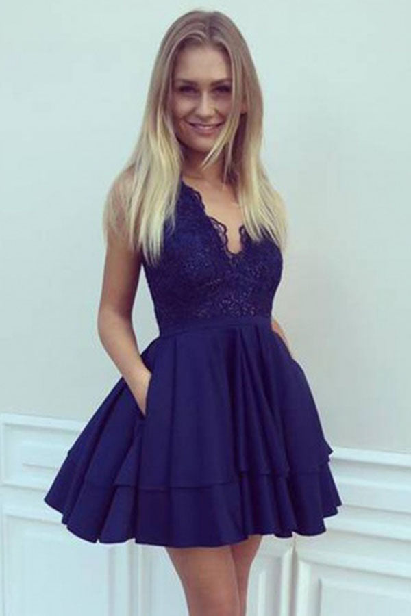 A-Line V Neck Short Navy Blue Satin Homecoming Dresses with Lace ...