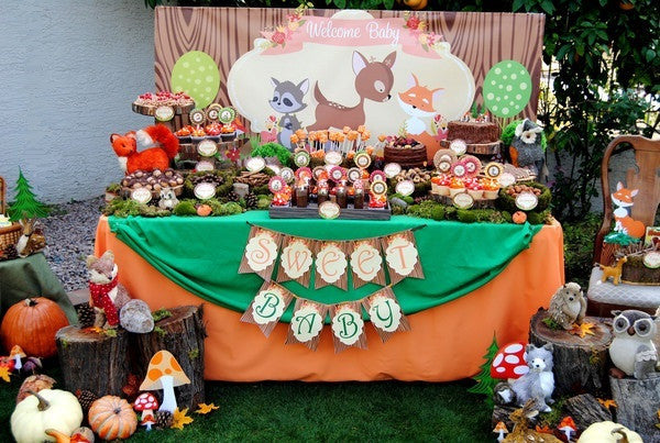 Woodland baby shower and birthday party ideas - wood cakes and dessert table