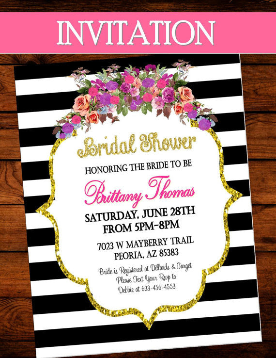 Black and White Stripe INVITATION - Bridal Shower Invite- Rose -Purple ...