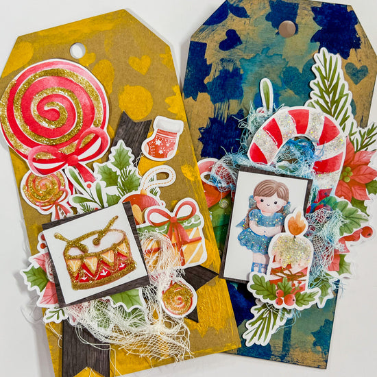 Stencil, glitter, layers makes Christmas Tags a breeze