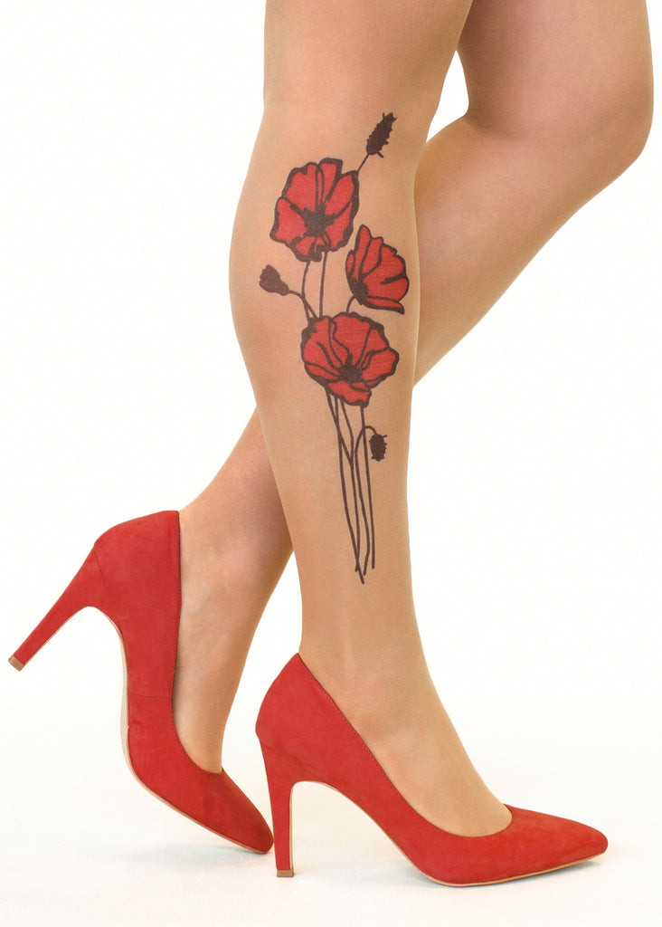 Red Poppies Tattoo Printed Tights Pantyhose Online Store Stop Stare