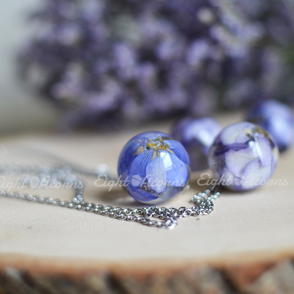 Flower necklace- blue delphinium – Eight Acorns Floral Preservation