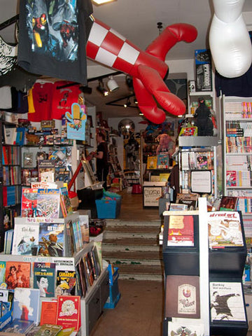 Inside of the comic and book store Modern Graphics in Berlin, Kreuzberg