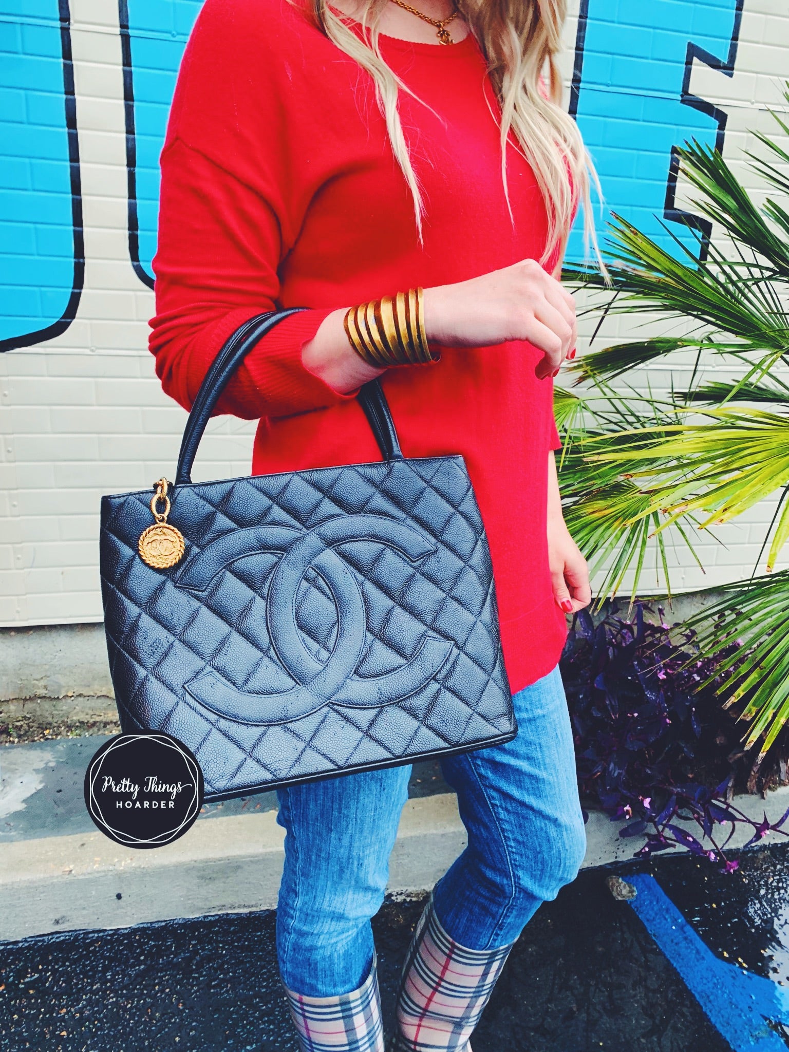 chanel black quilted caviar leather medallion tote