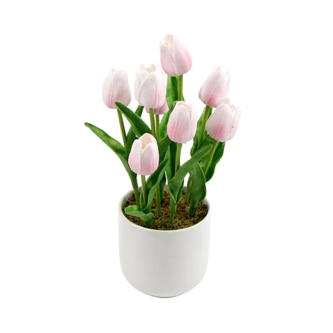 flowering pink artificial tulip plant arrangement with ceramic bowl
