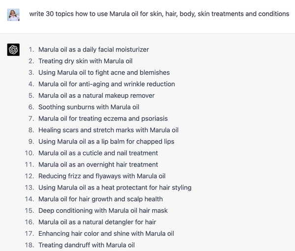building out topics for Marula oil for hair and skin -  Veronica Jeans Shopify Queen and Bestselling Author of Shopify Made Easy series