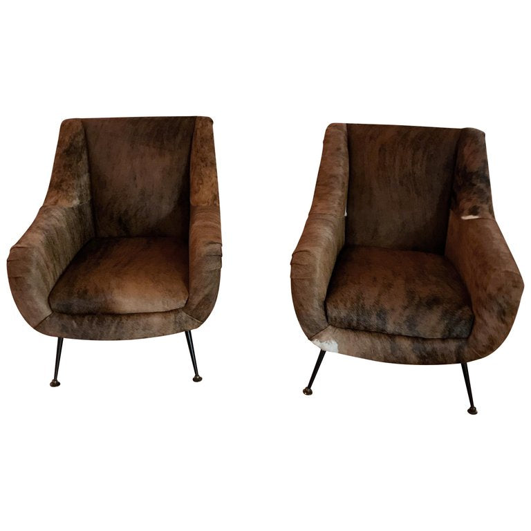 Pair Of Italian Mid Century Modern Club Chairs Covered In Cowhide