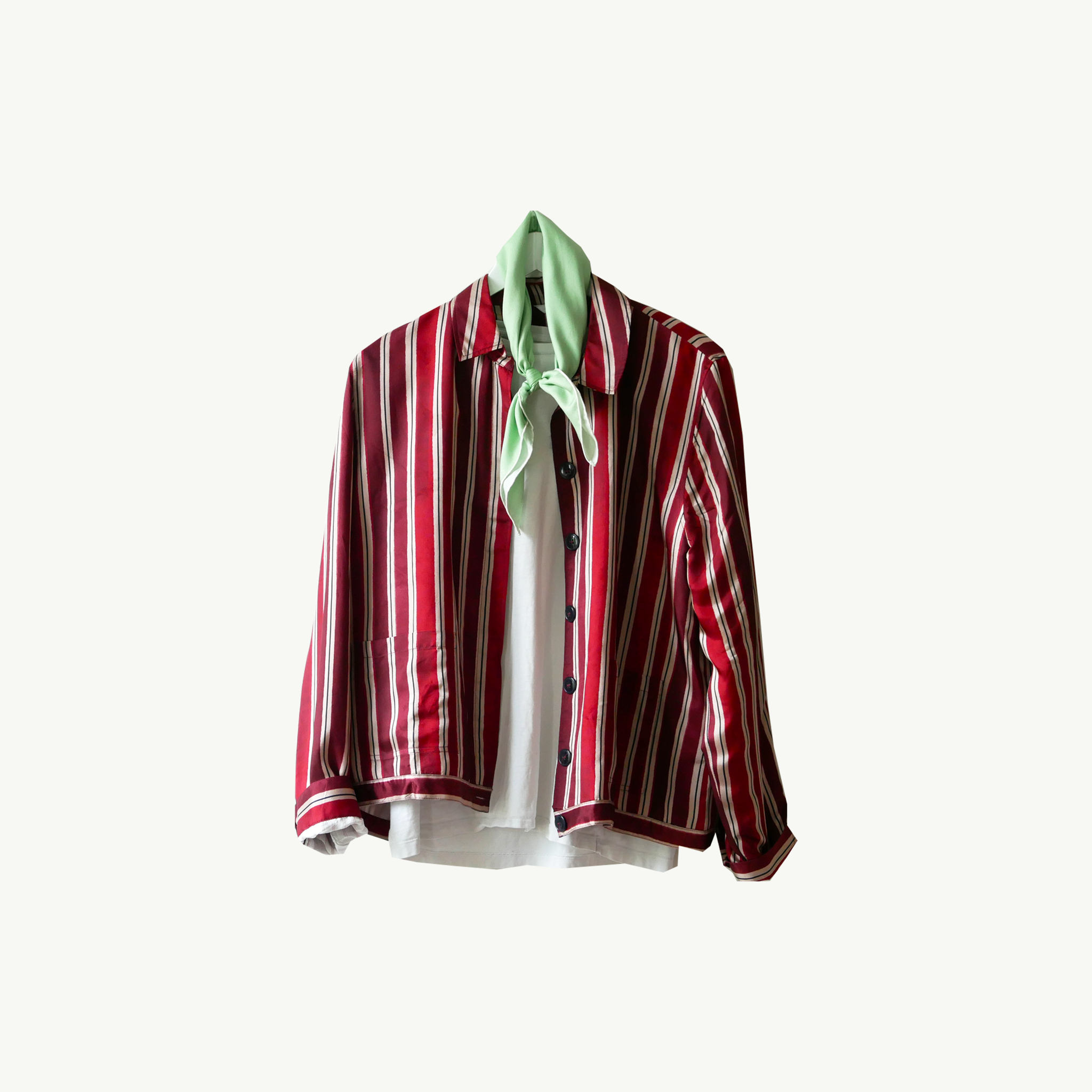 Capri, 20h08 handcrafted scarf worn on a red printed silk jacket over a white tee in A Day In The Life...Part III by Les Belles Heures