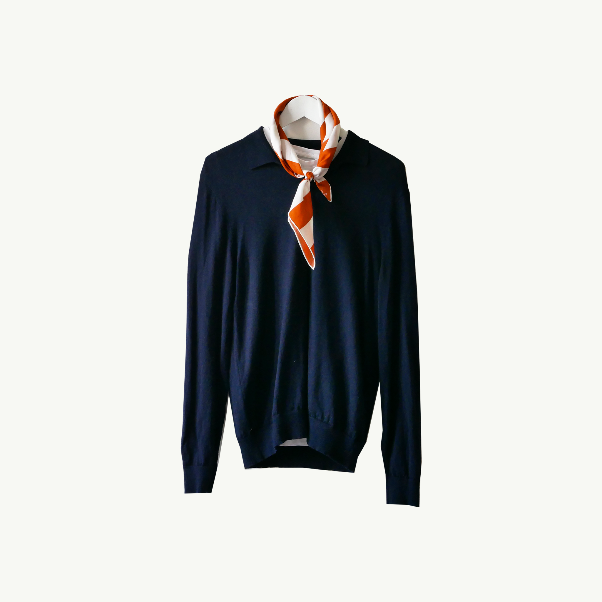 La Posta Vecchia, 16h23 handcrafted scarf worn on a navy cashmere polo sweater over a white tee in A Day In The Life...Part III by Les Belles Heures