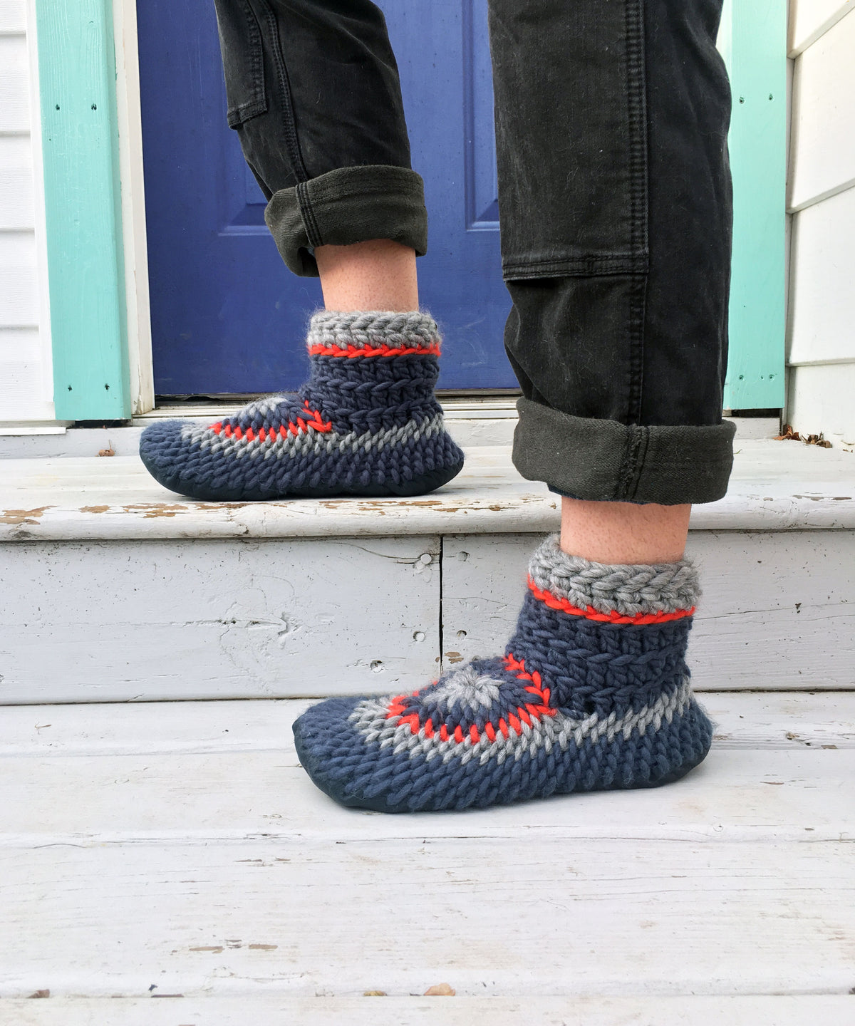 Demi-Boot: Sock Monkey, Merino Wool Work Sock Slipper with Leather Sole