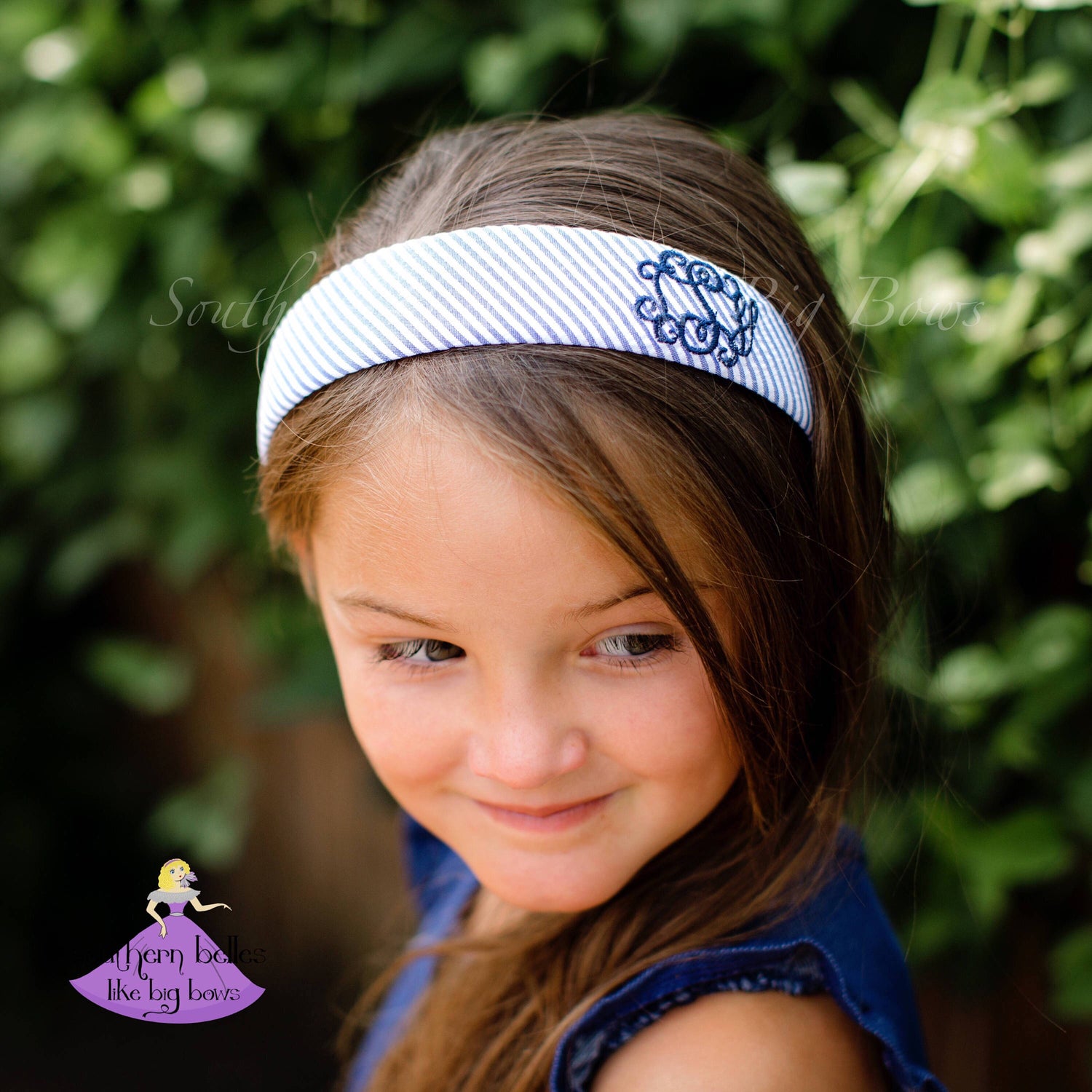 Personalized Navy Seersucker Hard Headband For Girl Southern Belles Like Big Bows