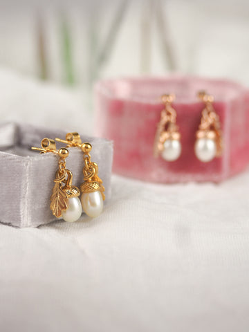 gold pearl acorn earrings with oak leaves