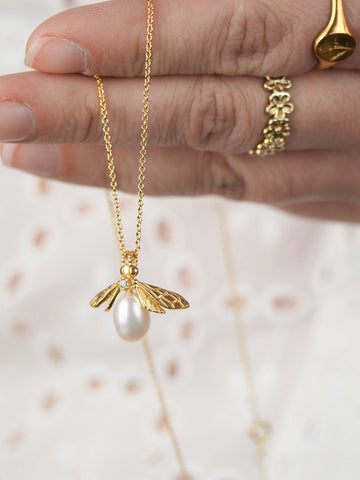 gold vermeil pearl bee necklace