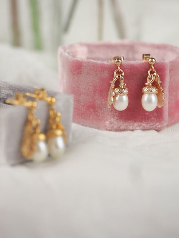 rose gold pearl acorn earrings