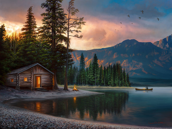 Cabin lake landscape oil painting by artist Chuck Black