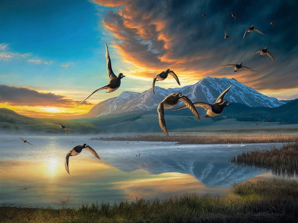 Birds in flight over a sunrise lake art print