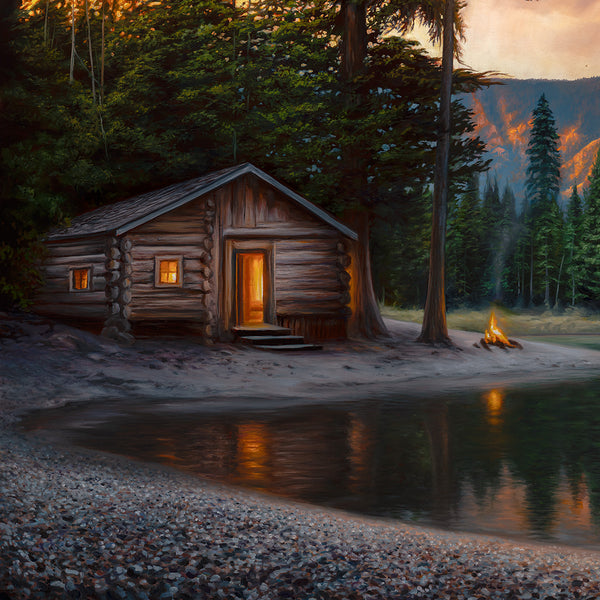 Serene lake cabin with campfire painting