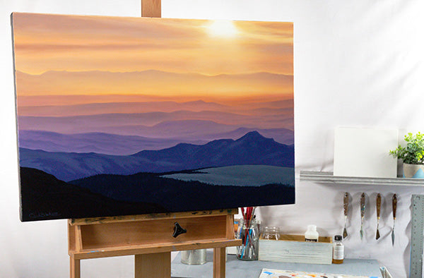 Mini Mountain Sunrise Painting on Canvas with Easel