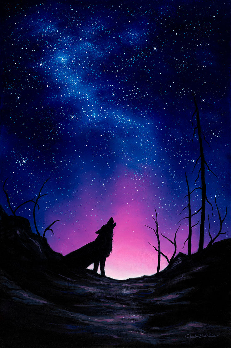 Original Howling Wolf Painting - "Starry Night" 18x12