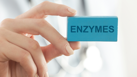 Hand holding blue card with enzymes spelled out 