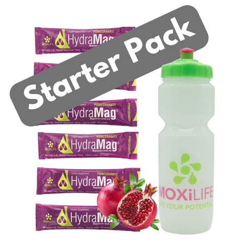 HydraMag Starter Pack includes 6 single serving sticks and 1 MOXiLIFE water bottle