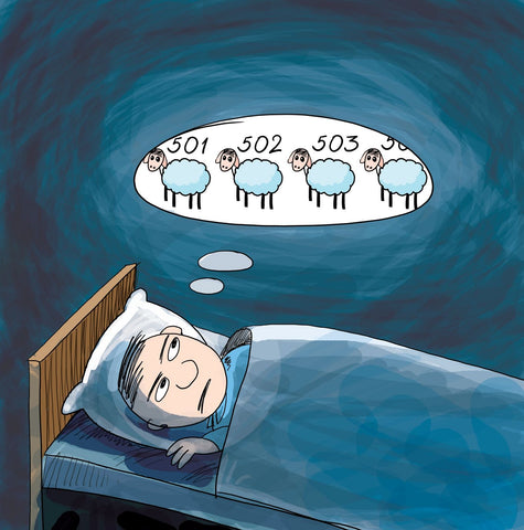 graphic image of an irritated man in bed who can’t sleep, is awake counting sheep