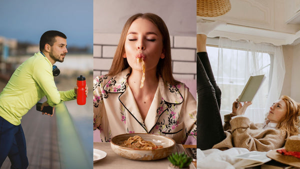 tapering athlete, athlete enjoying a plate of pasta and athlete with feet in air.