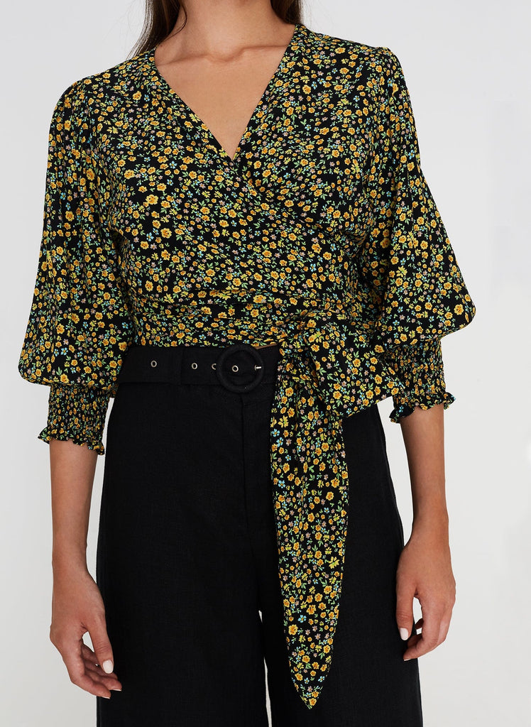 yellow floral wrap top