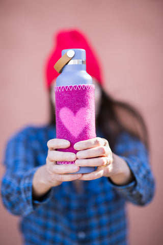 heart shaped coozie on waterbottle