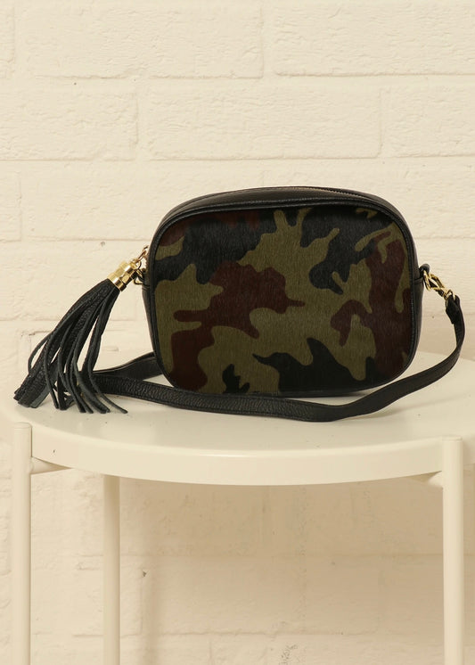 Khaki Camouflage Print Italian Leather Camera Bag