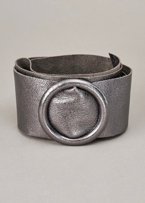 Metallic Leather Ring Buckle Belt Pewter