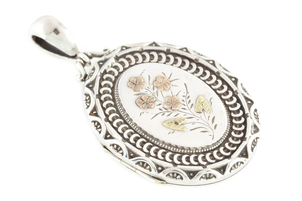 Large Victorian Silver Locket with Rose Gold and Yellow Gold Detail c.1882