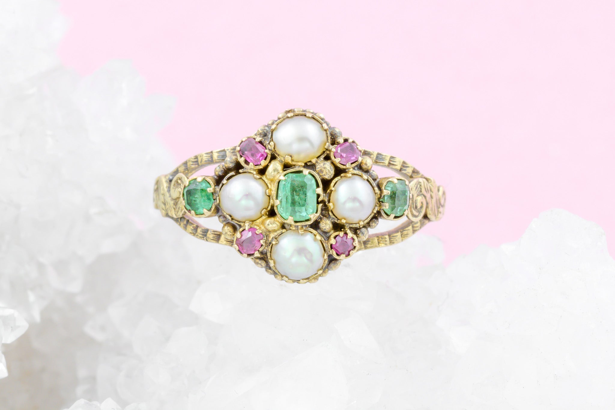 Georgian 16ct Gold Pearl, Emerald and Ruby Cluster Ring – Lillicoco