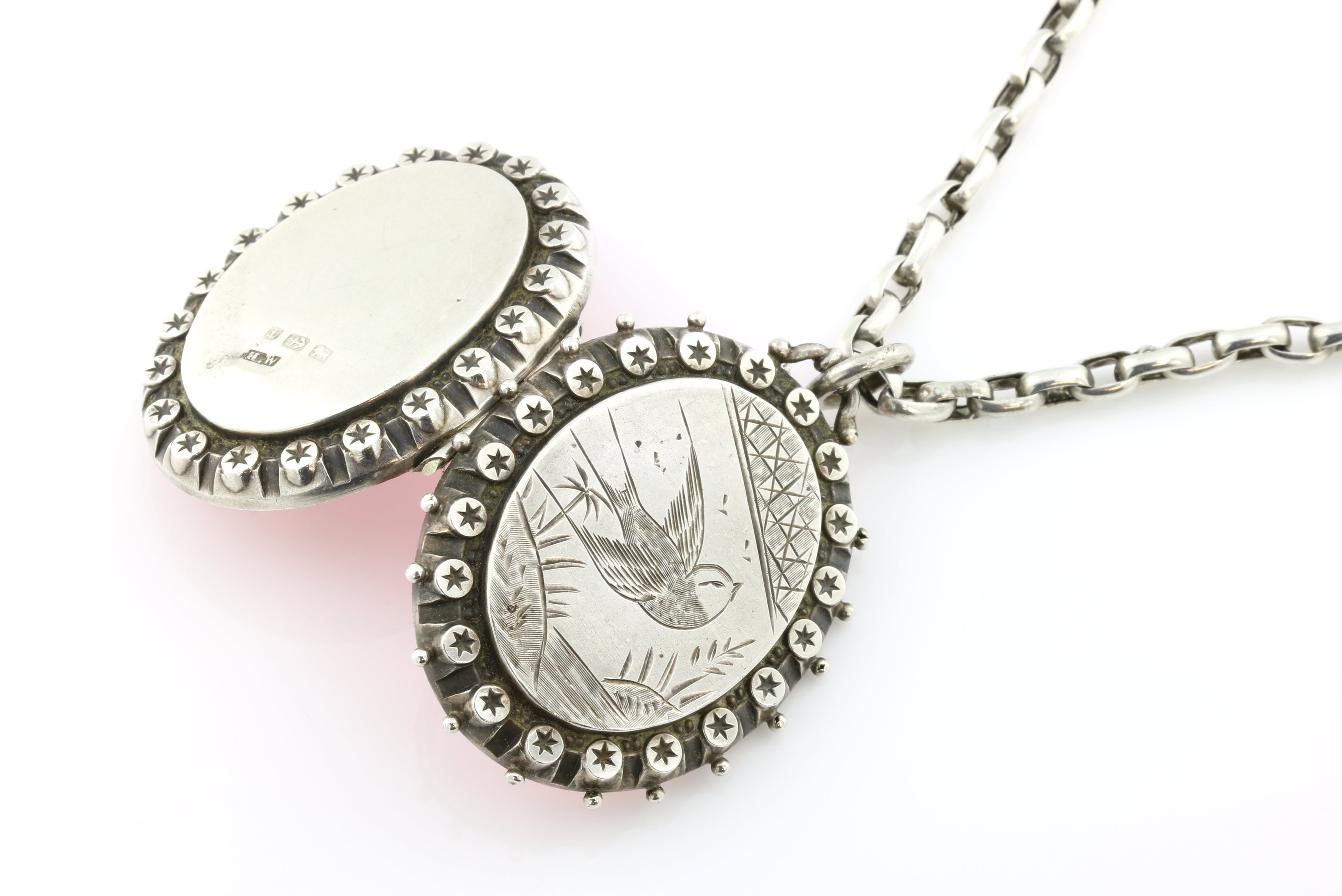 Large Victorian Aesthetic Silver Locket with Bird Motif, with Chain