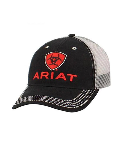 ARIAT  MENS BLACK AND RED LOGO MESH CAP