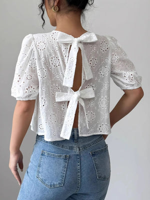 Eyelet Embroidered Puff Sleeve Tie-Back Blouse - Ruby's Rubbish®