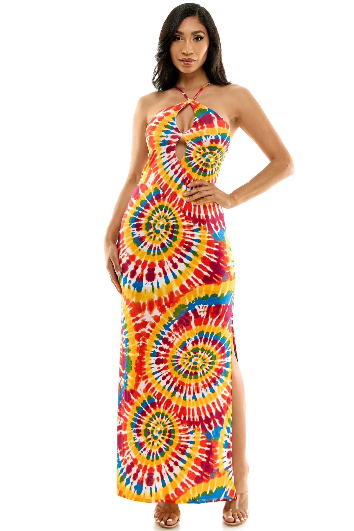 Beautiful Spiral Placement Tie Dye Halter Strappy Back Maxi Dress