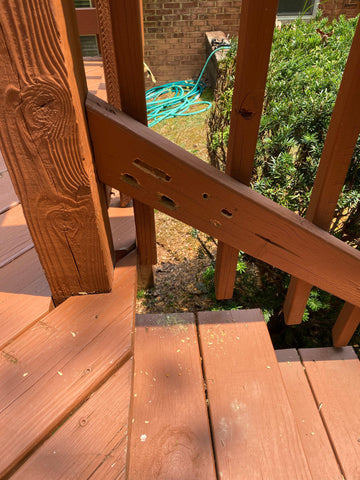 Carpenter Bee Damage on Customer's Porch Railing | Best Bee Brothers