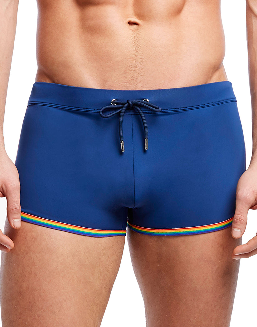 navy swim short with rainbow trim