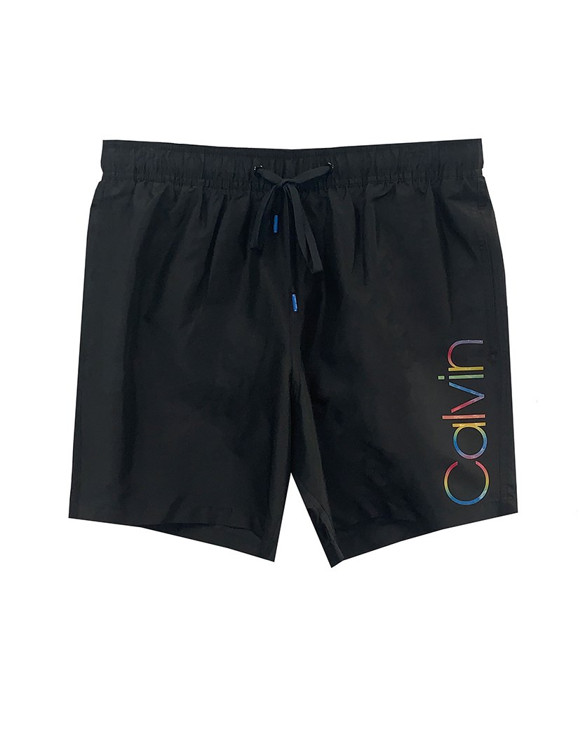 black swim shorts with rainbow logo 