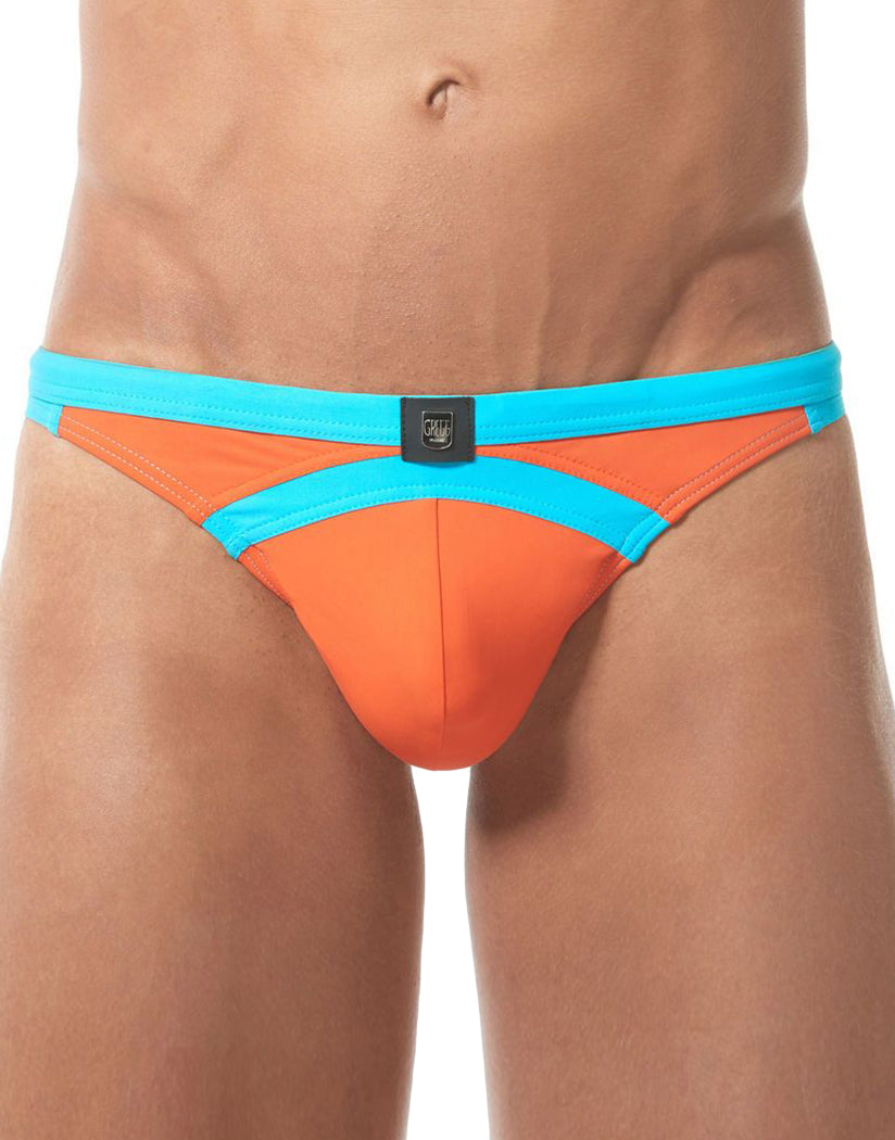 blue and orange swim thong for men