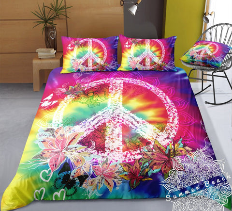 Rainbow Tie Dye Peace Bed Set Summer Beach Styles