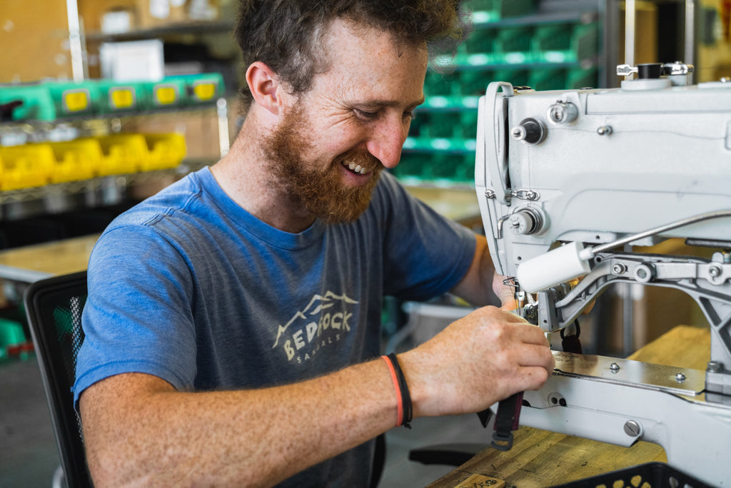 Sewing at Bedrock Sandals HQ