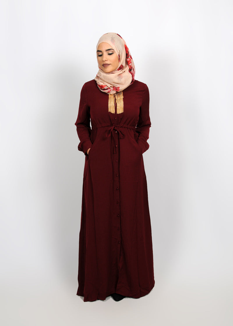 Wine Red Buttoned-Down Maxi Dress – Abayati Fashion