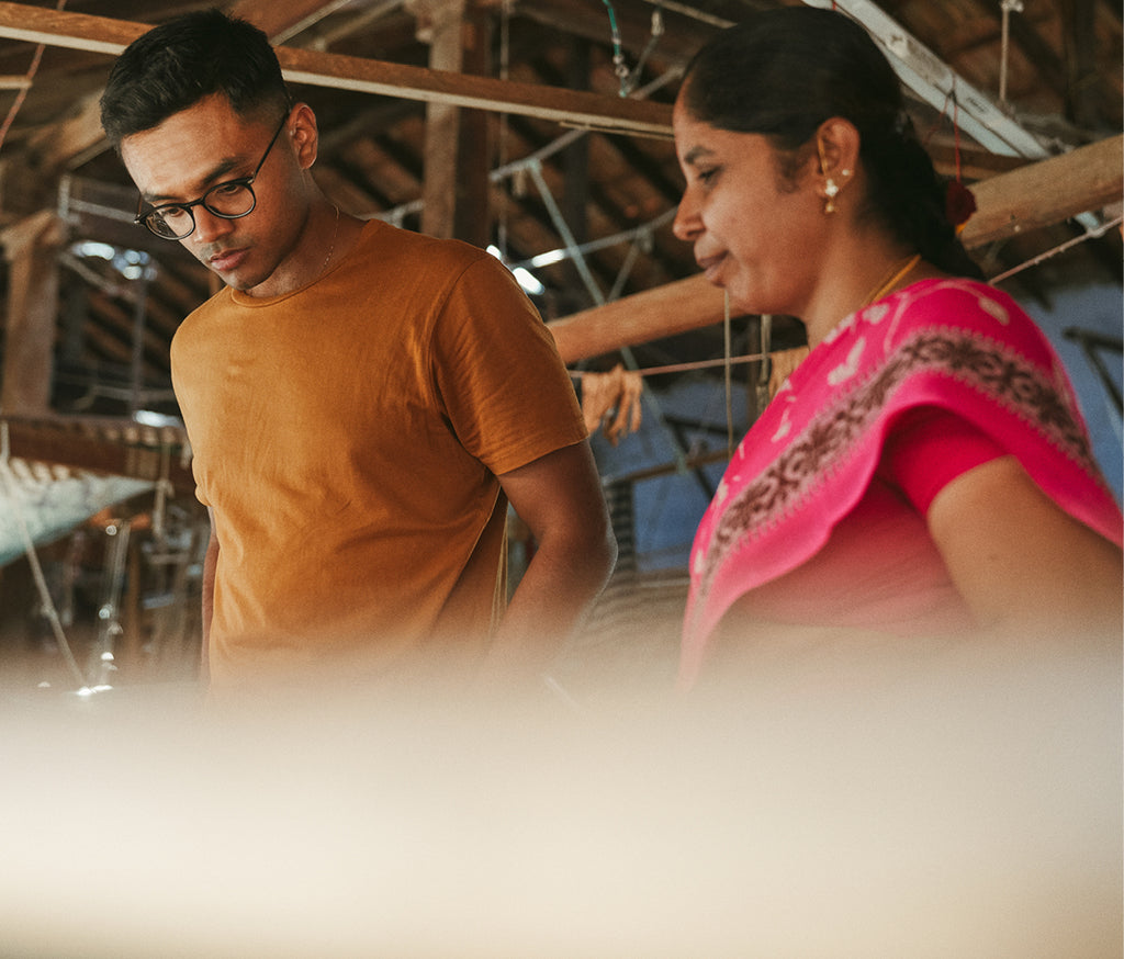 Nishanth from Osahdi working with hand weavers in Erode, India