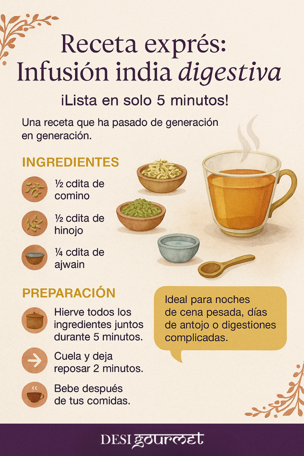 Receta rápida de infusión india digestiva con comino, hinojo y ajwain.