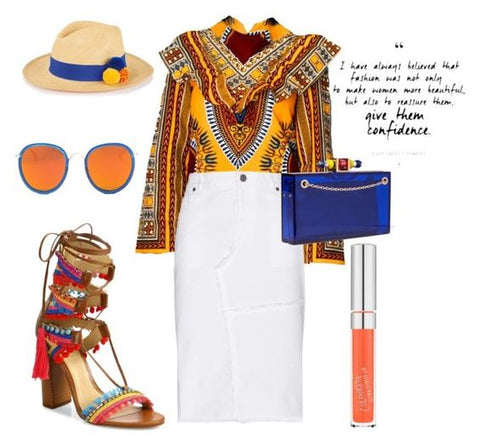 Yellow dashiki Victoria Top from A Leap of Style styled for brunch or outfit for date night with white midi pencil skirt, straw fedora, blue lucite clutch, and pom pom sandals